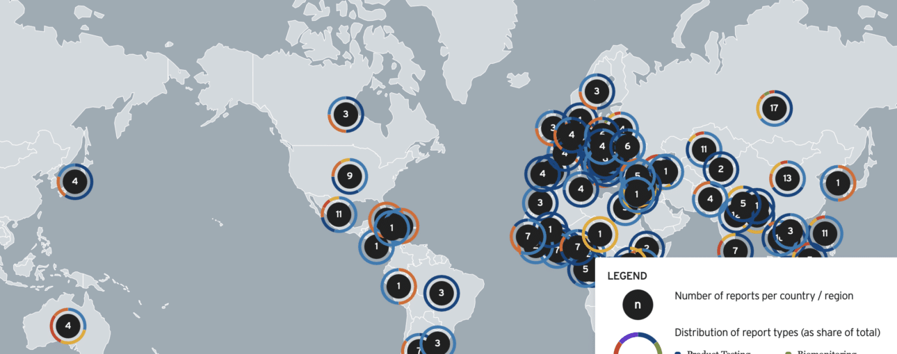 world map with dots showing countries where IPEN members work on plast